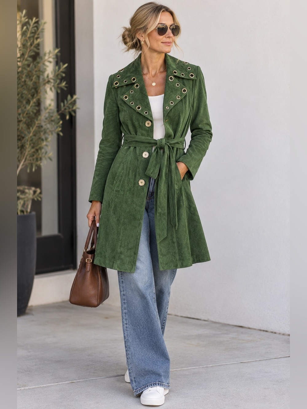 Bradley by Bradley Bayou Suede Trench Coat Green Eyelet Detail Belted Small NWT